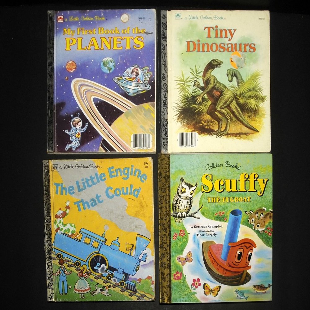 VTG Little Golden Books Lot of 4 Kids Learning Planets Dinosaurs Trains '54 80's